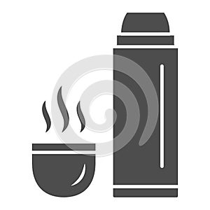 Thermos and hot tea in mug solid icon, World snowboard day concept, Vacuum Flask sign on white background, Thermos
