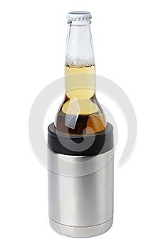 Thermos mug with a glass bottle of bevarage isolated