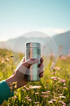 A thermos mug with hot tea in hand on a blurred background of a yellow-green mountain field with flowers in summer. Cup of coffee