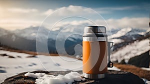 thermos mug, thermos mockup on the background of mountains, winter travel, cold