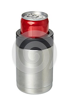 Thermos mug with a tin can of bevarage isolated