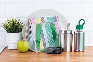 Thermos sport bottle, canteen bottle and lunchbox thermo lunch bag isolated object on white background