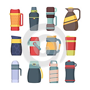 Thermos. Steel mug with handle for coffee kitchen utensil vacuum flask for liquids round bottles colored vector set