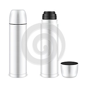 Thermoses white metal realistic mockups set. Insulating storage travel mugs  vacuum flasks  bottles