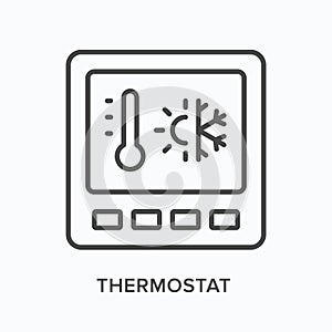 Thermostat flat line icon. Vector outline illustration of digital temperature control. Black thin linear pictogram for