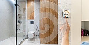 Thermostat indoor smart home in house system for temperature. Winter heating energy efficient automation digital