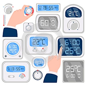 Thermostats flat icons set. Temperature regulation Thermostats