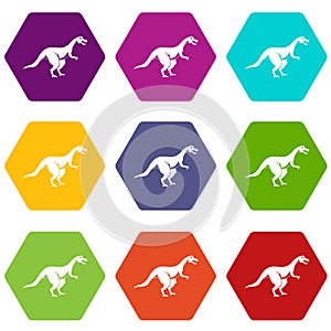 Theropod dinosaur icon set color hexahedron
