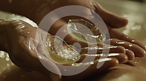 A thes hands are covered in oil as they glide small silicone cups over a clients skin. The cups are dimpled and textured