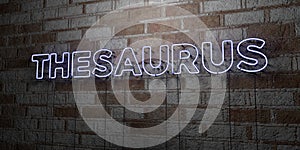 THESAURUS - Glowing Neon Sign on stonework wall - 3D rendered royalty free stock illustration