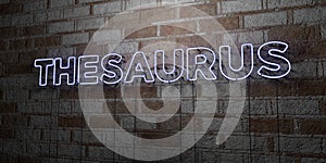 THESAURUS - Glowing Neon Sign on stonework wall - 3D rendered royalty free stock illustration photo