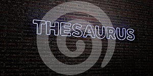THESAURUS -Realistic Neon Sign on Brick Wall background - 3D rendered royalty free stock image