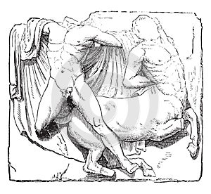 Theseus and the Minotaur, Metope of the Parthenon, vintage engraving