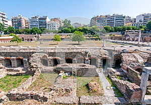 Thessaloniki, Greece - August 2019: Roman Forum Ancient Agora ruins