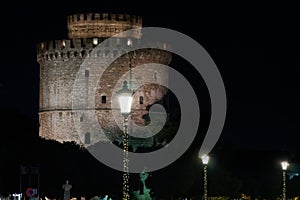 Thessaloniki Greece night view of The White Tower with Christmas lights decoration around.