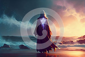 Theta energy person with aura Healing energy standing near the ocean