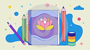 A theutic coloring book and accompanying colored pencils designed to promote mindfulness and relaxation.. Vector photo