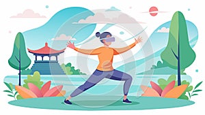 A theutic VR program featuring gentle Tai Chi movements in a tranquil garden setting designed to help alleviate chronic photo