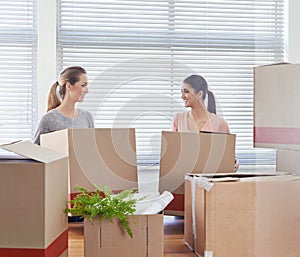 Theyre happy with their new office. Two female entrepreneurs surrounded by boxes in their new office.
