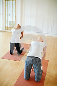 Theyre leading a balanced lifestyle. two women doing yoga together in a studio.