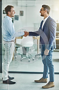 Theyre set to succeed together. two businessmen shaking hands in an office.