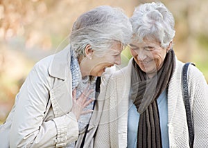 Theyre still best of friends. Cropped view of two senior woman smiling and chatting outdoors.