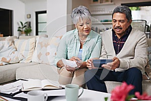Theyve got budgeting down to an art. an elderly couple working out a budget while sitting on the living room sofa.