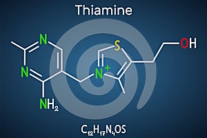Thiamine, vitamin B1 molecule. Structural chemical formula on the dark blue background. Vector