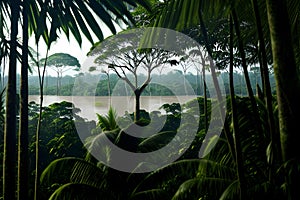 The thick amazon forest with a dense tree cover in the background generated by ai
