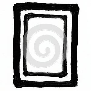 Thick black brushstrokes form two rectangular frames on a white background. The in