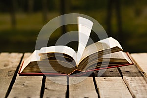 Thick book lying open on wooden surface, pages blowing in wind, beautiful night light setting, magic concept shoot