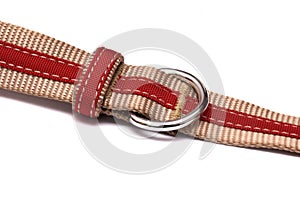 A thick canvas material fabric belt with red inner strap buckle and loop white backdrop