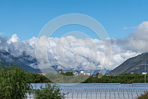 Thick clouds or mist moving round mountain forests and greenhouses