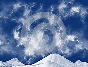 Thick clouds over mountains, a star and hills  illustration in blue and white. Landscape, weather forecast, cloudy sky.