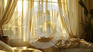 Thick creamcolored curtains frame the windows creating a soft and romantic ambiance in the room. 2d flat cartoon photo