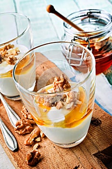 Thick creamy Greek yogurt with honey and nuts