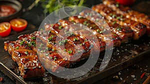 bacon lovers paradise, thick-cut bacon cooked in a caramelized bacon jam glaze a delicious treat that will surely win photo