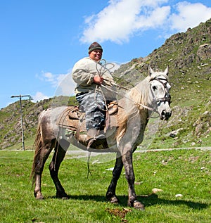 Thick dirty man on horseback