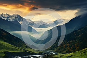 Thick fog blankets the Caucasus Mountains, veiling the Goulet mountain pass