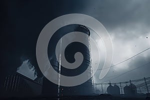 Thick and heavy smoke coming out of a huge and high chemical factory chimney under a misty and rainy sky. Generative AI