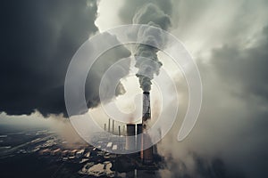 Thick and heavy smoke coming out of a huge and high chemical factory chimney under a misty and rainy sky. Generative AI