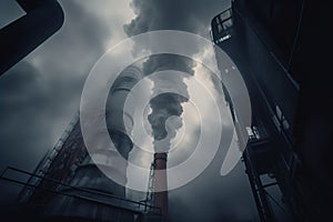 Thick and heavy smoke coming out of a huge and high chemical factory chimney under a misty and rainy sky. Generative AI