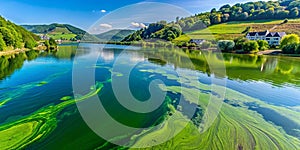 Thick layer of blue-green algae covers the entire surface of the Mosel river, blocking sunlight and affecting aquati Generative AI