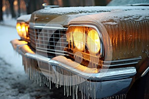 thick layer of ice covering car headlights and grille