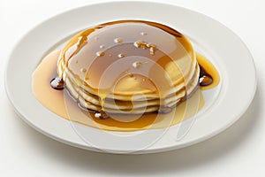 Thick maple syrup pouring onto a stack of fresh pancakes. Pancakes with syrup. Generative AI.