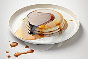 Thick maple syrup pouring onto a stack of fresh pancakes. Pancakes with syrup. Generative AI.