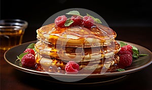 Thick maple syrup pouring onto a stack of fresh pancakes. Selective focus with blurred dark background. Home made