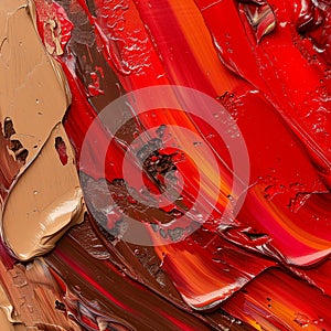 Thick oil paint on canvas. Beige, red, orange and brown colors. Background and texture for design. Valentine day palette