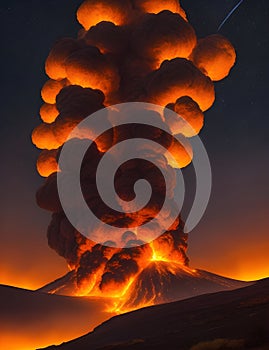 Thick, ominous smoke clouds engulf the surroundings as the volcano erupts, shrouding the area in a surreal and foreboding