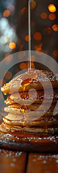 Thick pancakes with golden syrup pouring from above. Vertical banner 1:3